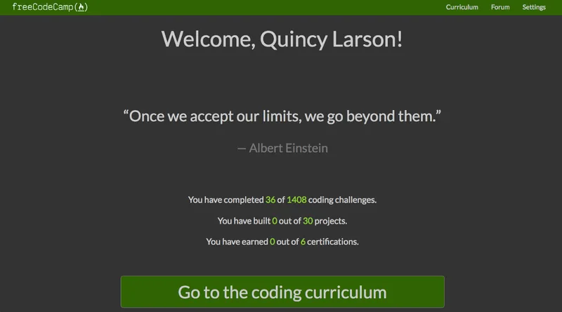 The freecodecamp welcome screen shows stats about the user’s activity and a button to continue